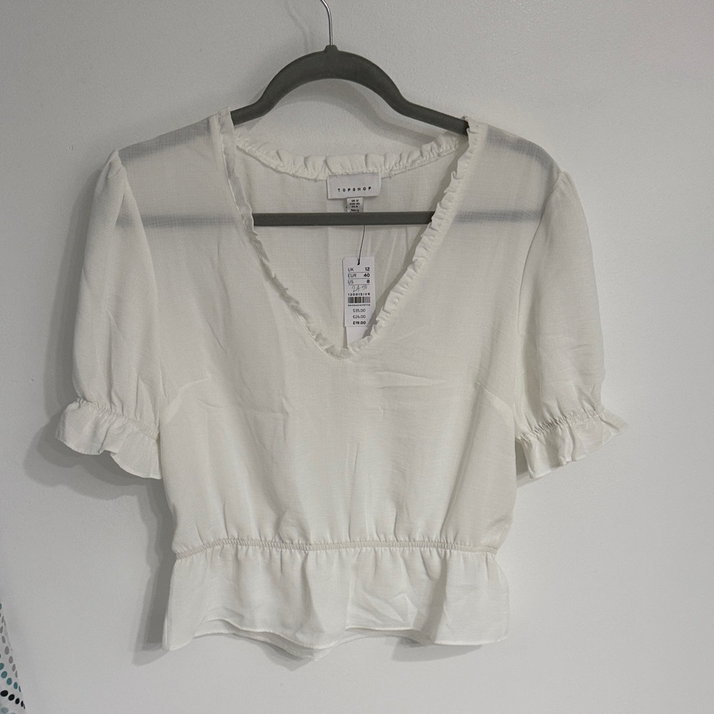 Topshop White Ruffled V-Neck Blouse